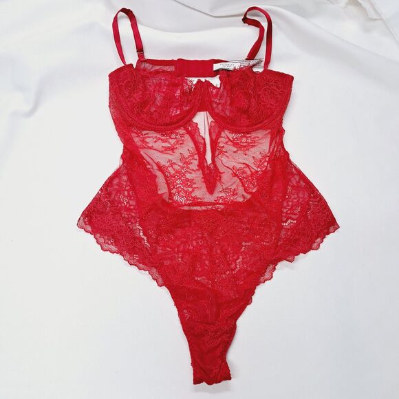 VICTORIA'S SECRET RED Lace SEXY WICKED BALCONETTE TEDDY SZ L Dream Angels - Picture 2 of 11